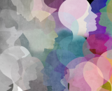 Image is full of icons of people's heads facing in different directions and overlapping. The faces on the left are all greyscale and change into colourful faces on the right.