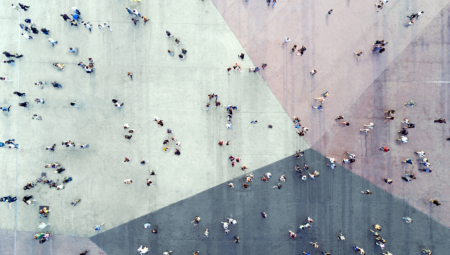 Bird’s eye view of lots of people walking.