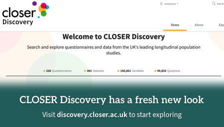 CLOSER Discovery website landing page with caption "CLOSER Discovery has a fresh new look. Visit discovery.closer.ac.uk to start exploring"
