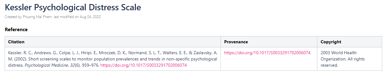 Screenshot of the CLOSER Technical wiki showing a table for the Kessler Psychological Distress Scale reference, including citation, provenance and copyright. 