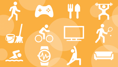 12 icons representing different types of physical activity and sedentary behaviour: walking, gaming, gardening, weight lifting, cleaning, cycling, watching television, paying tennis, swimming, an accelerometer device, yoga, a sofa