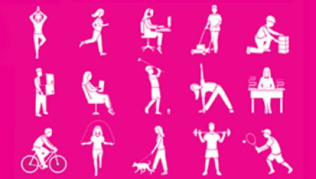 illustrations of people doing physical activities such as walking a dog, playing golf, and lifting weights