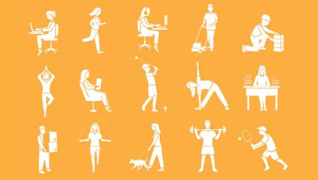 illustrations of people doing physical activities such as walking a dog, playing golf, and lifting weights