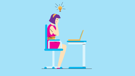 Illustrated researcher gets a bright idea while working on her laptop