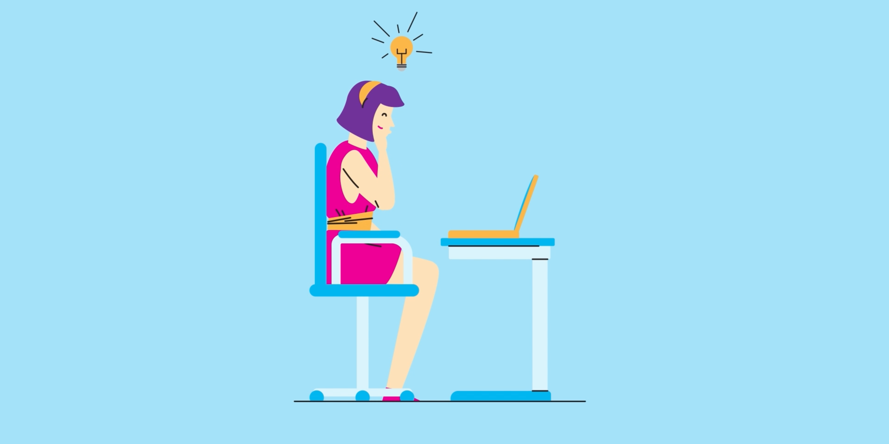 Illustrated researcher gets a bright idea while working on her laptop
