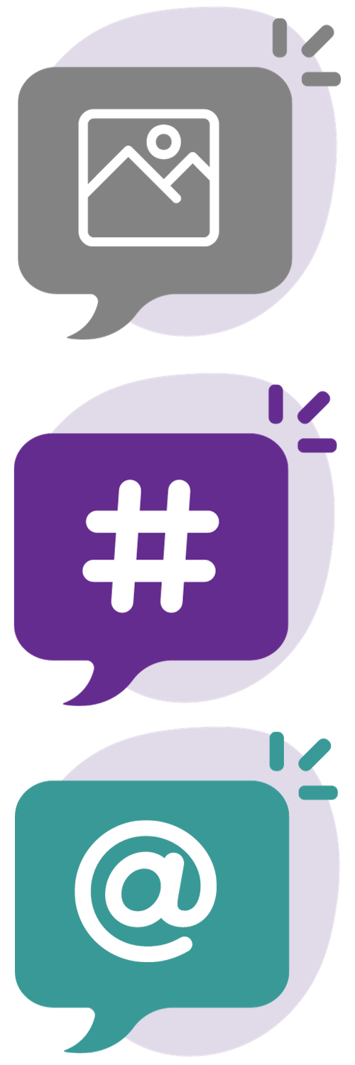 Social media icons of an image, a hashtag, an @ sign all in speech bubbles