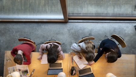 Overhead view of students studying